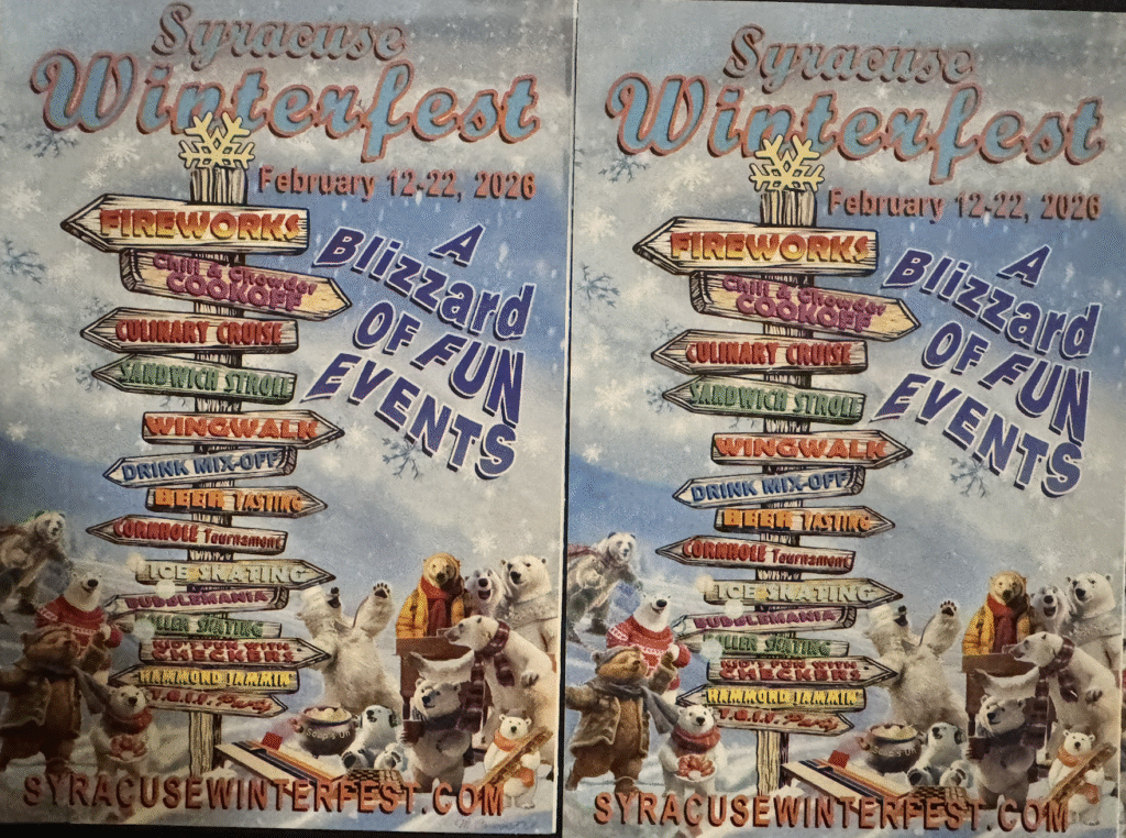 Colorful Winterfest pamphlet cover, featuring winter-themed graphics and event information.