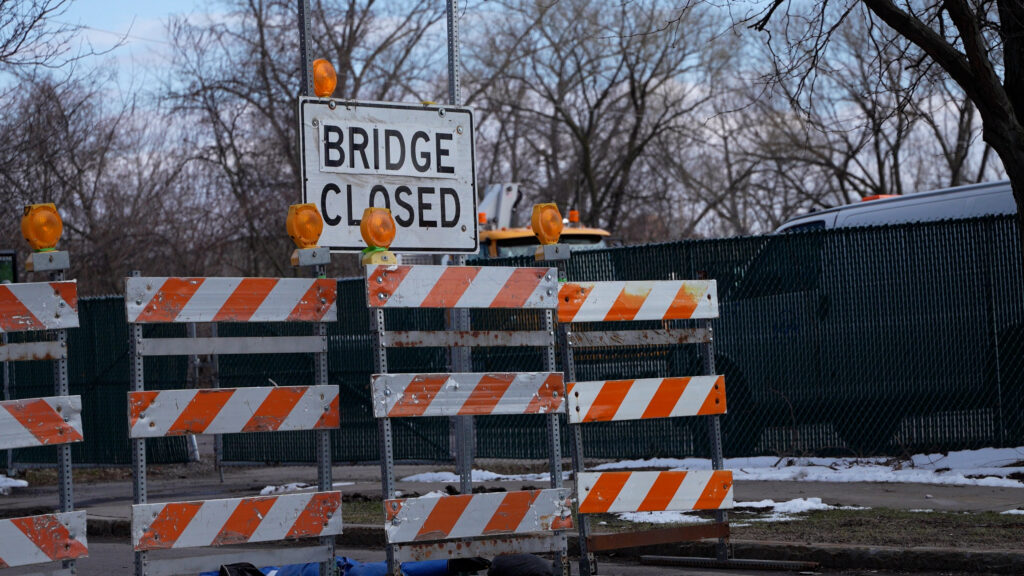 Bridge closed sign and construction blockers