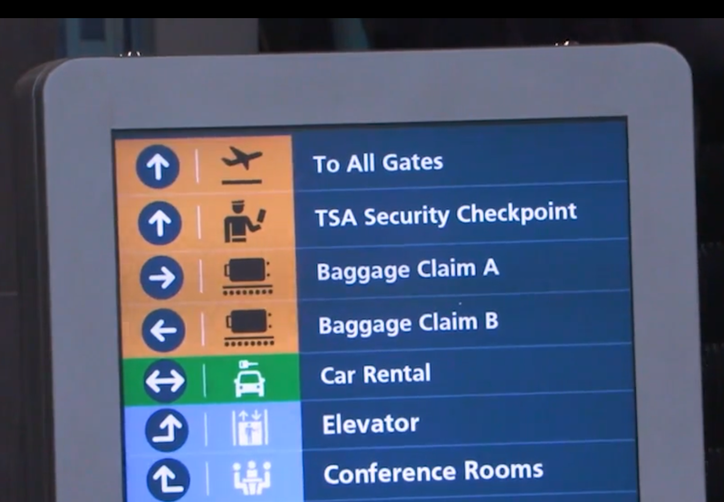 Digital Sign at Airport showing different areas