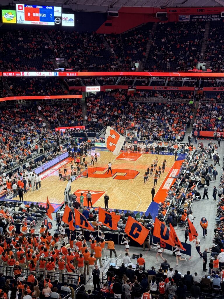 Syracuse cheerleading team on the basketball court