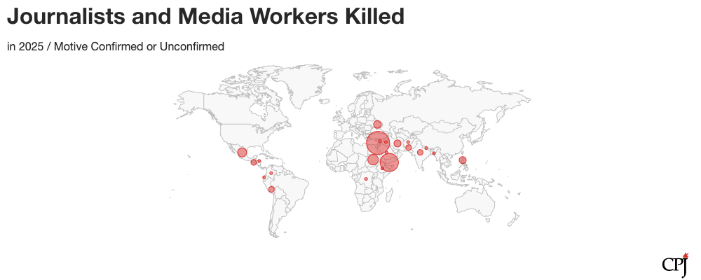 A chloropleth map showing the regions in which journalists and media workers were killed in 2025.