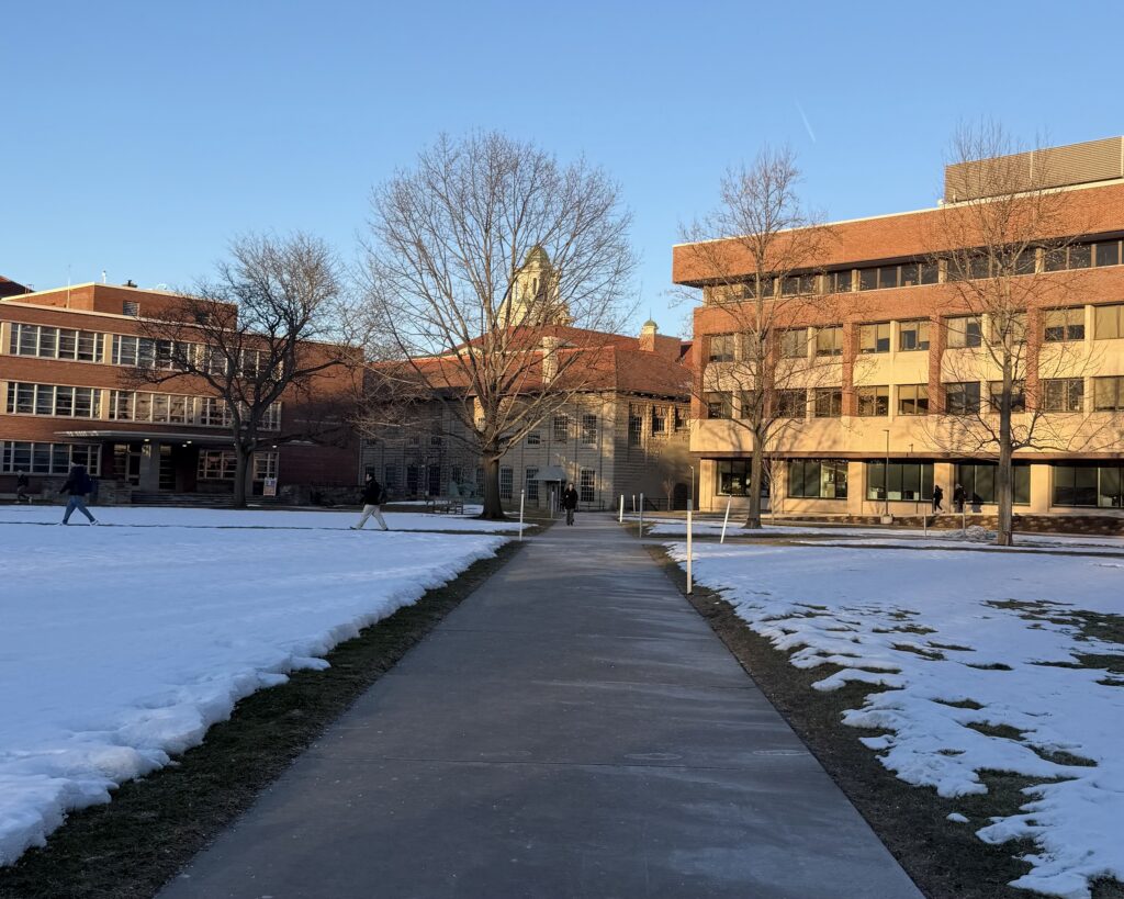 Syracuse University Campus with snow on the ground. 