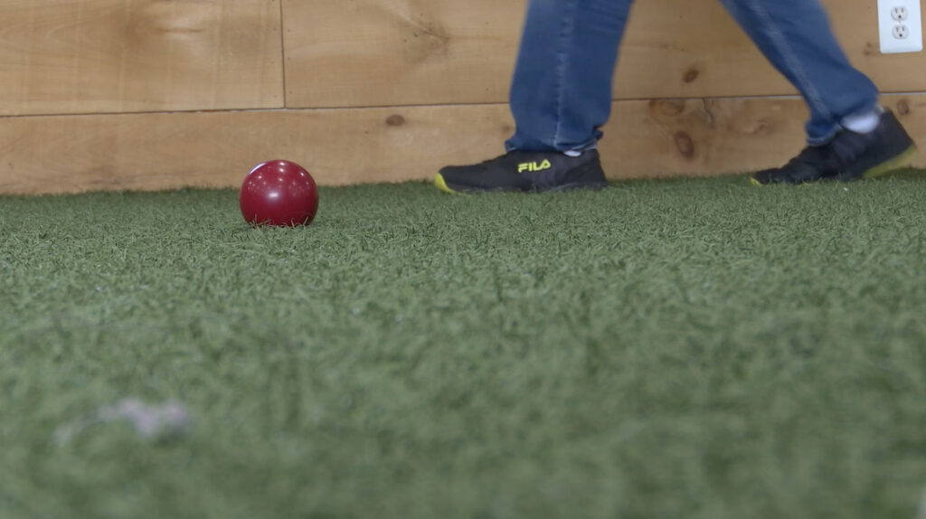 A boce ball sits in the North Country Community Hub