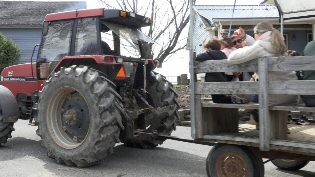 A tractor pulling a wagon full of people