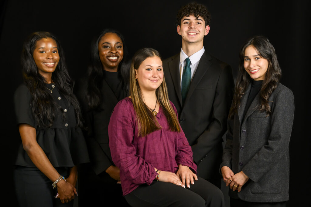 A photo of the Newhouse Spotlight Team: Sydney-Leigh Brockington, Keleigh Arrington, Roxanne Boychuk, Nick Dekaney and Marisa Nuñez.