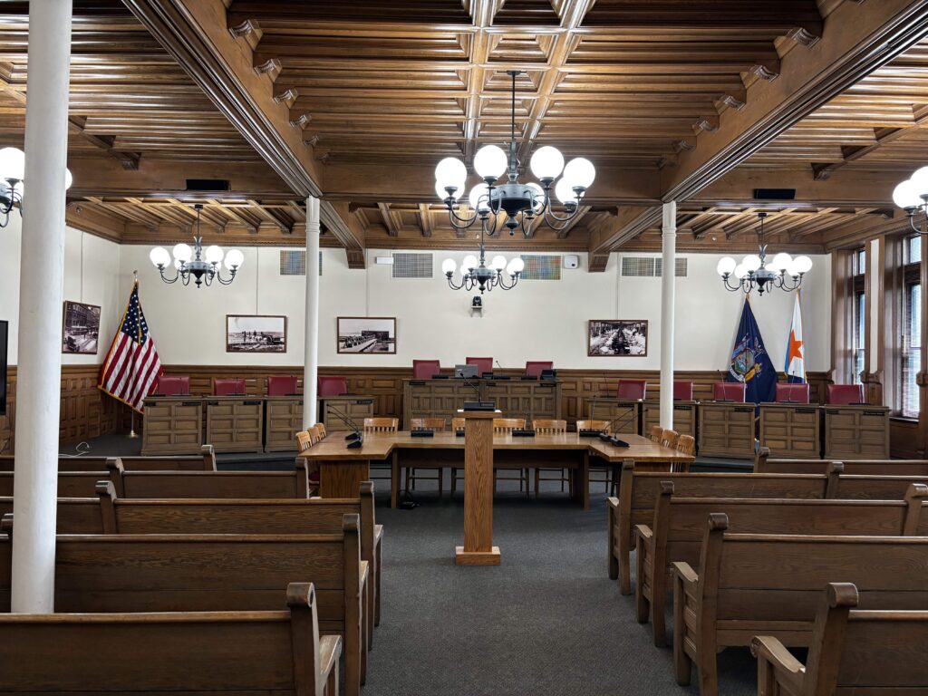 The empty Council Chambers inside Syracuse City Hall