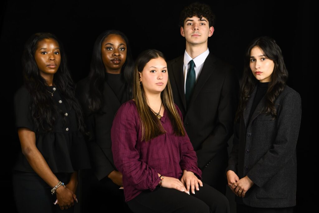 A photo of the Newhouse Spotlight Team: Sydney-Leigh Brockington, Keleigh Arrington, Roxanne Boychuk, Nick Dekaney and Marisa Nuñez.