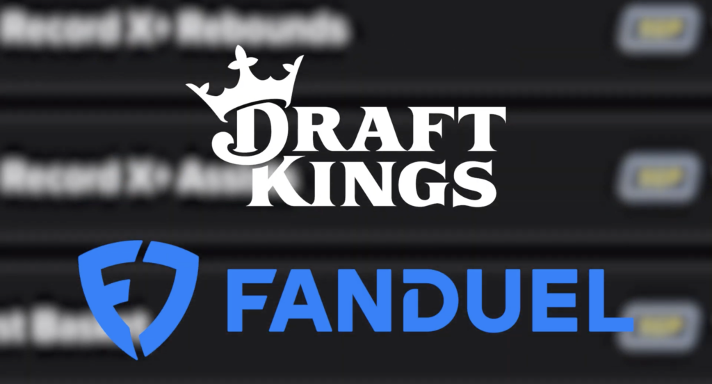 White Logo of DraftKings, Blue Logo of FanDuel, displayed on the screen on top of each other
