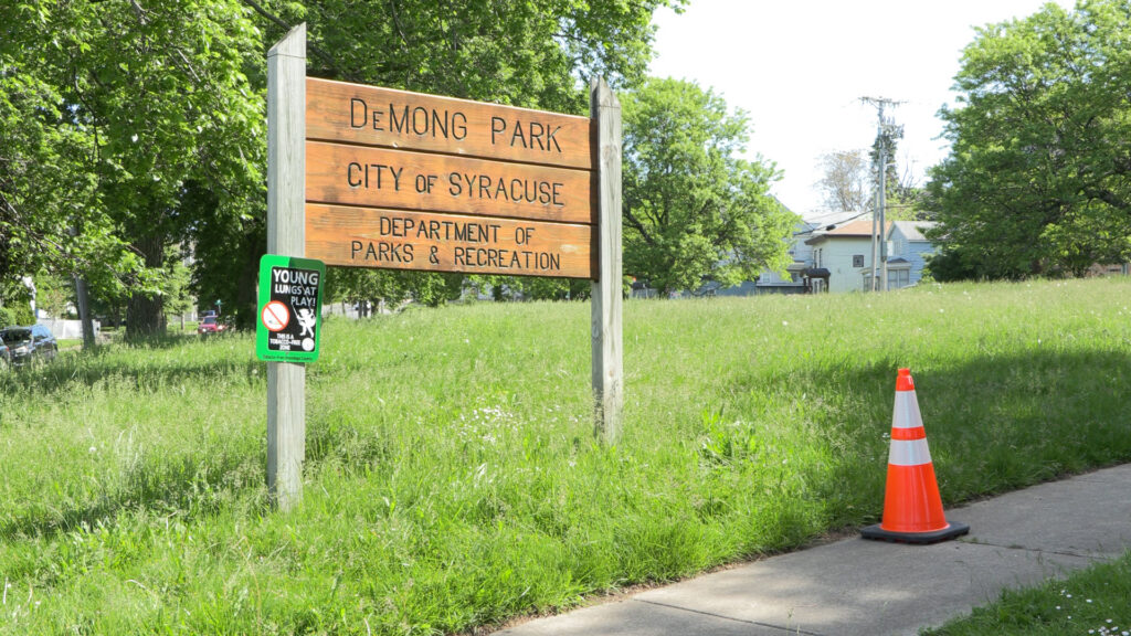 Park sign saying "DeMong Park, City of Syracuse, Department of Parks and Recreation" in the middle of a grassy park field. A green sign is attached to the park sign, reading "Young lungs at play. This is a tobacco free zone."