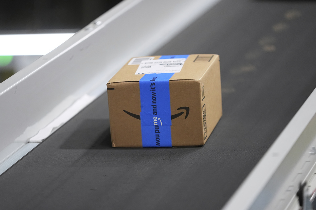 Amazon package going down the conveyer system. 