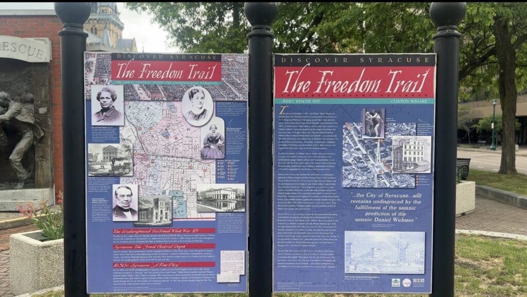 The Freedom Trail sign in Clinton Square that represents the stops on the Underground Railroad.