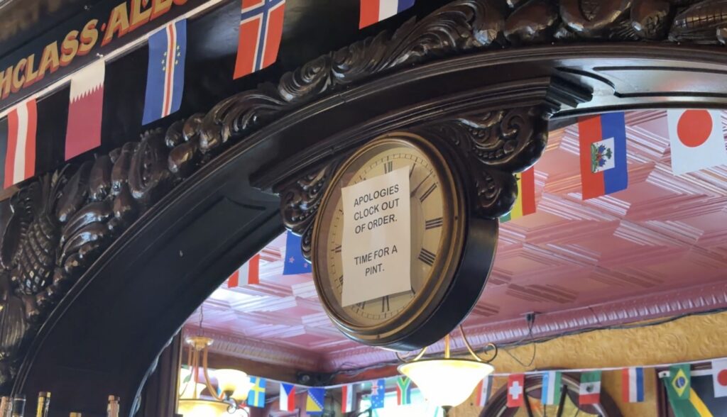Clock that reads "Apologies clock out of order. Time for a pint.