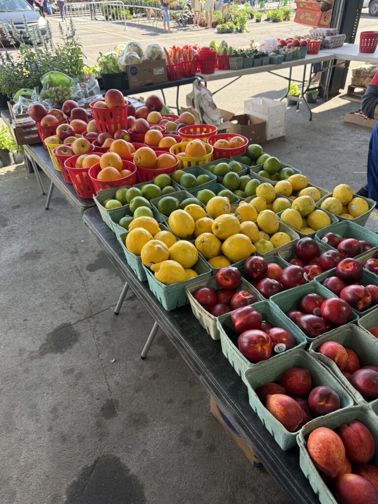An assortment of brightly colored summer fruits arranged at the Nicotra Farms stall at the CNY Regional Market.