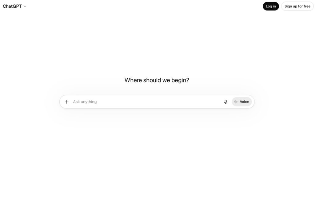 A photo that says "Where should we begin?" with a chat box that says ask anything with a plus sign and a microphone and a box that says voice.