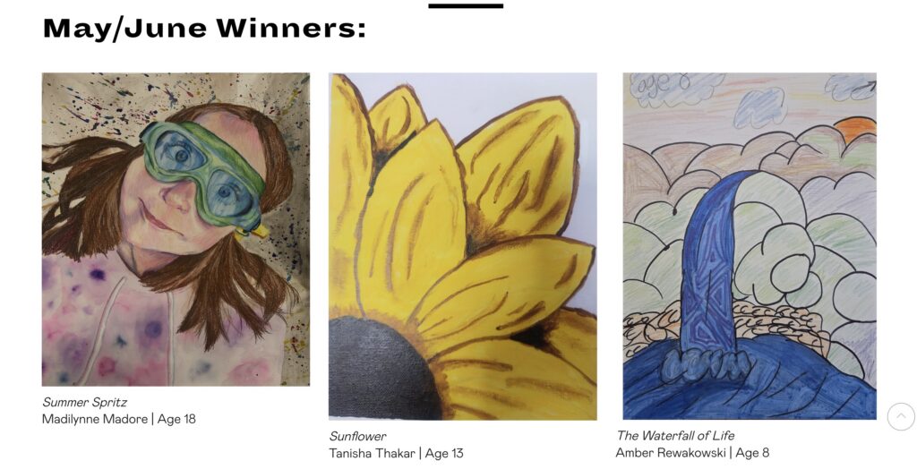 Graphic displaying the May/June winners of the Everson Museum's Young Artists Showcase, including Madilynne Madore's winning portrait "Summer Spritz."