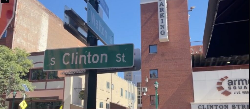 A street sign for Clinton Street in Armory Square. © 2026 Sophia McVige