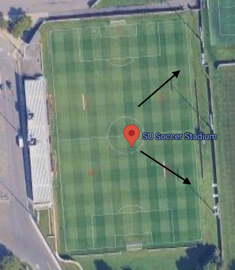 Arrows pointing to the east sideline of SU Soccer Stadium 
