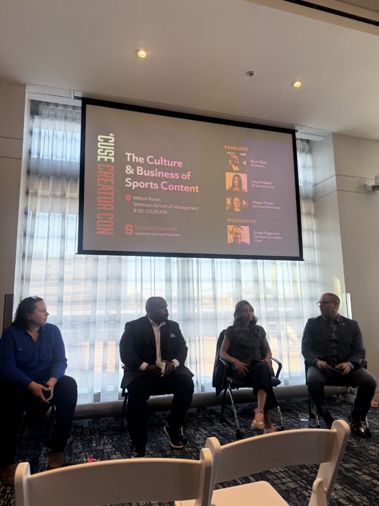 SU Athletic Director Bryan Blair, Game 7's Megan Hueter, and SU Women's Soccer Player Julia Arbelaez on the Creator Con Panel discussing the changing nature of sports content (Photo credit: Isabella Galan)