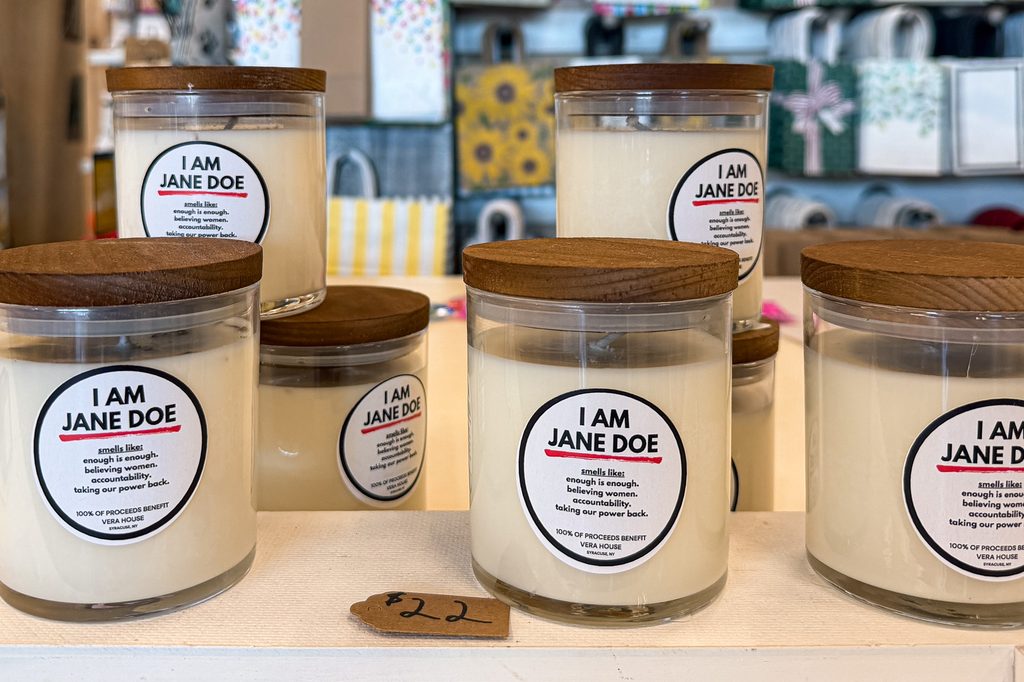"I am Jane Doe" candles on display at Witty Wicks